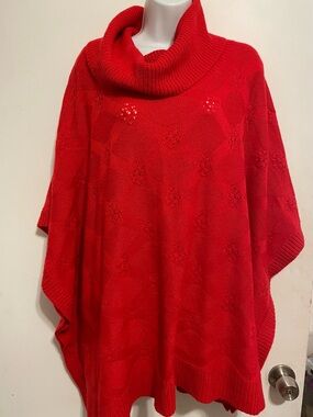 Avenue Bright Red Knit Cowl Poncho